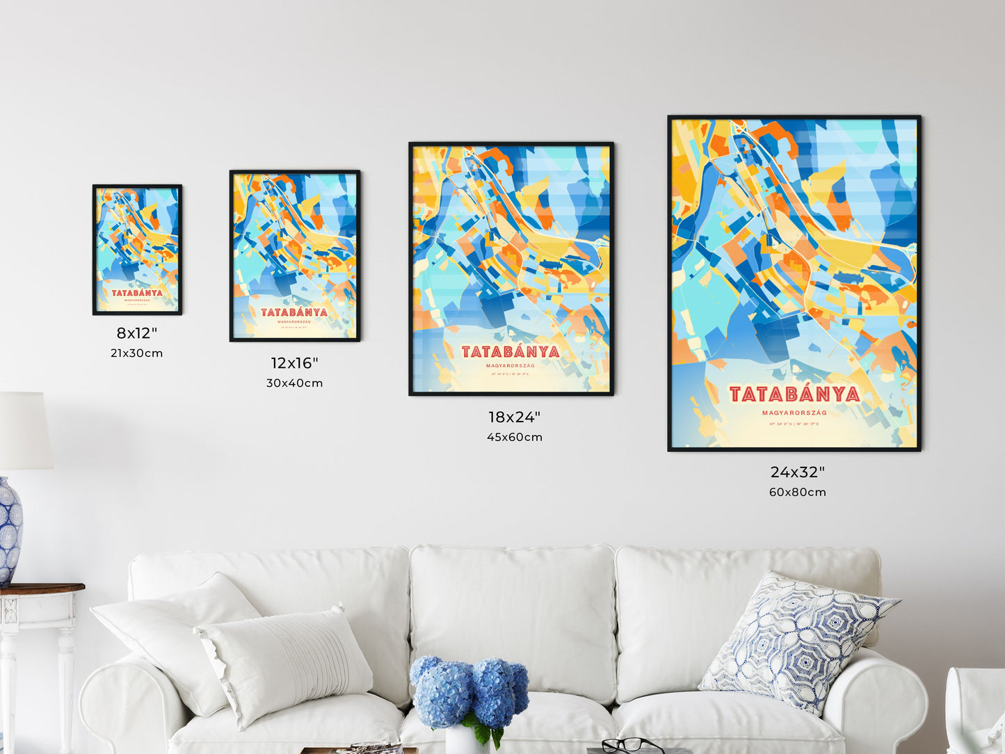 Colorful TATABÁNYA HUNGARY Fine Art Map Blue Orange