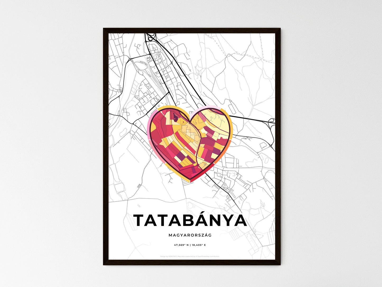 Tatabánya Hungary wedding art map with heart icon