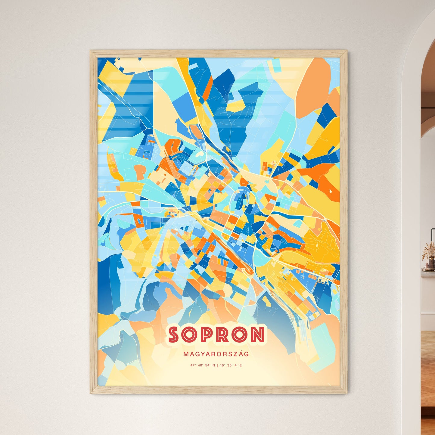 Colorful SOPRON HUNGARY Fine Art Map Blue Orange