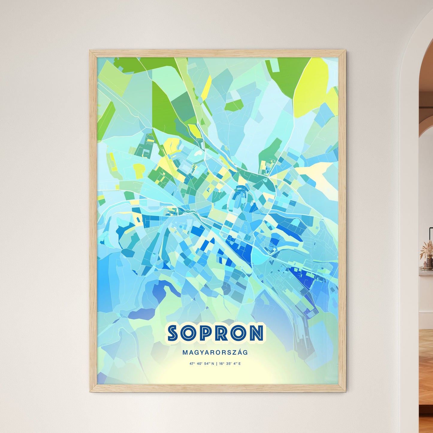 Colorful SOPRON HUNGARY Fine Art Map Cool Blue