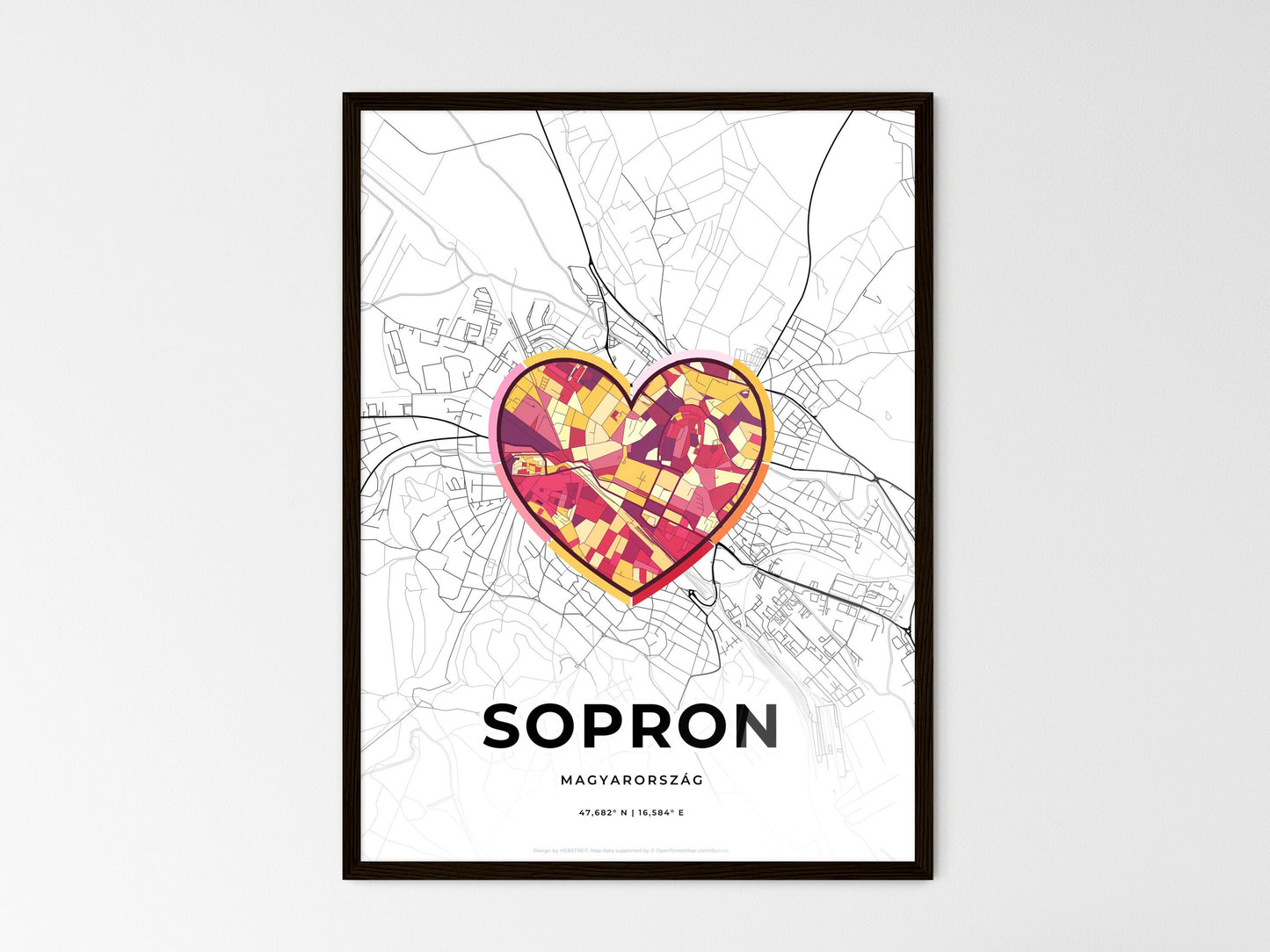 Sopron Hungary wedding art map with heart icon