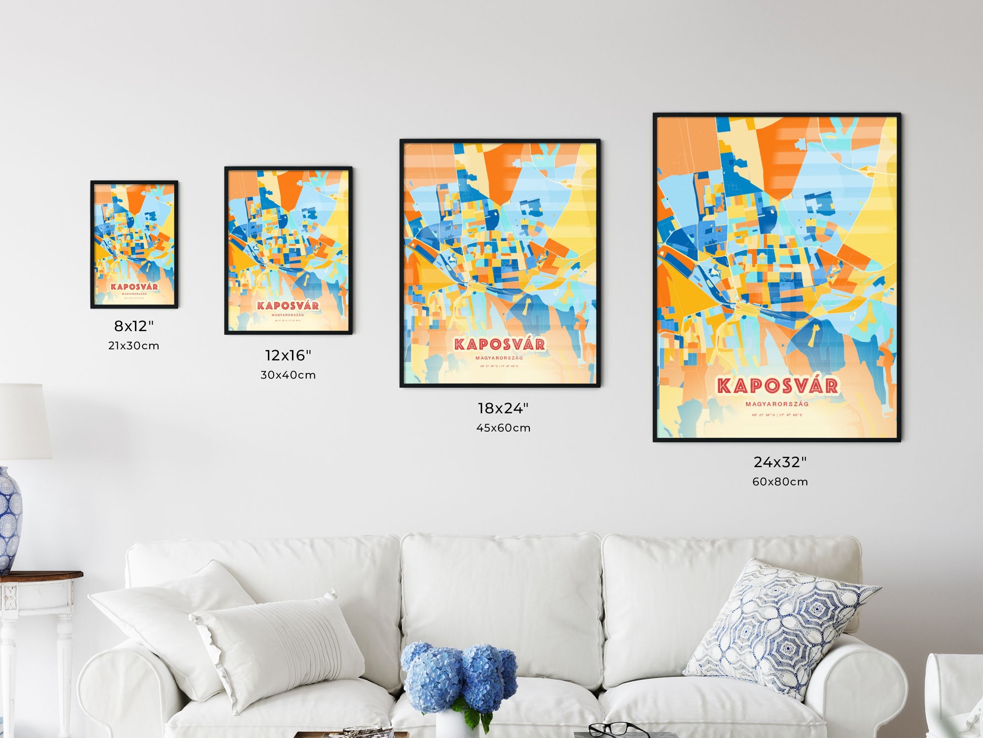 Colorful KAPOSVÁR HUNGARY Fine Art Map Blue Orange