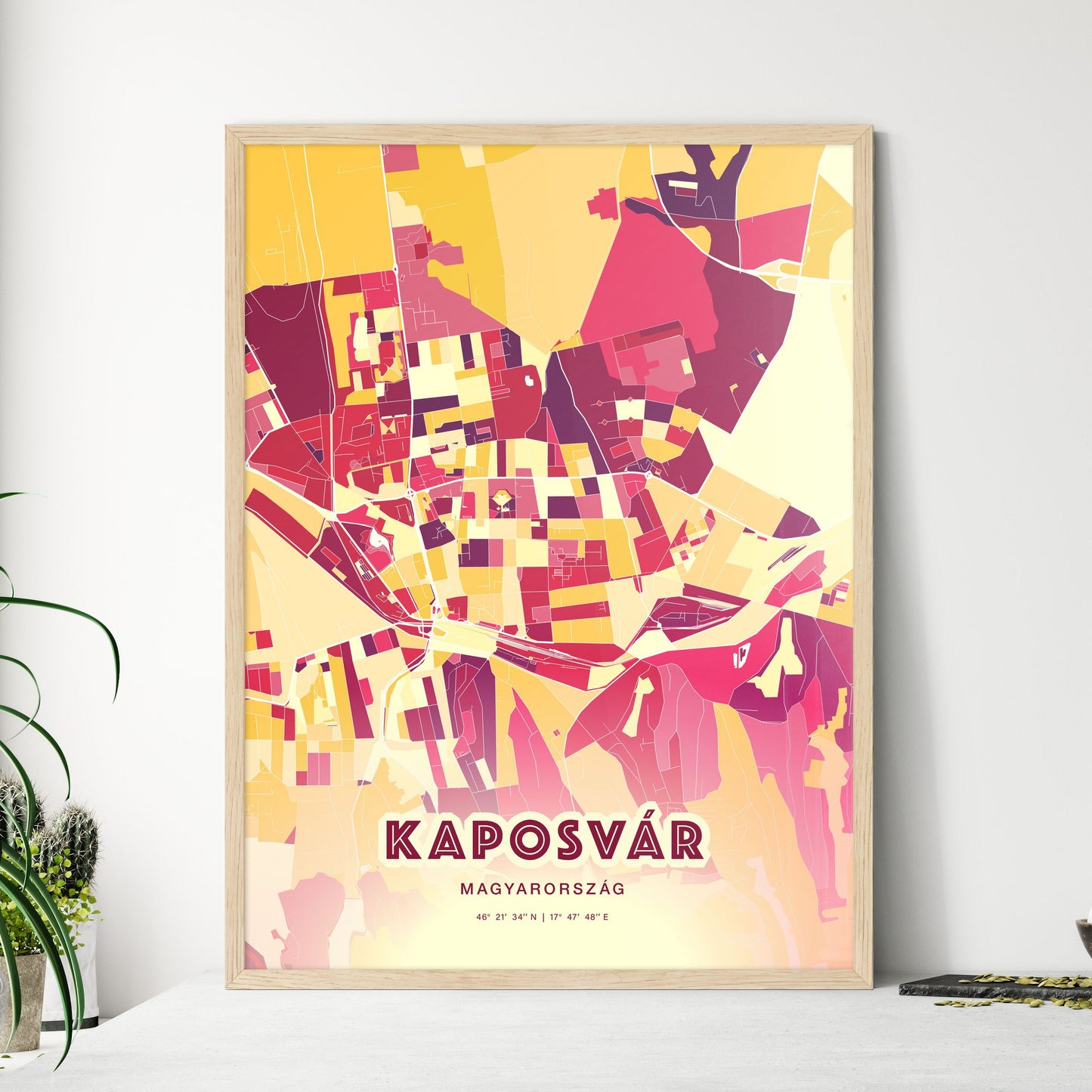 Colorful KAPOSVÁR HUNGARY Fine Art Map Hot Red