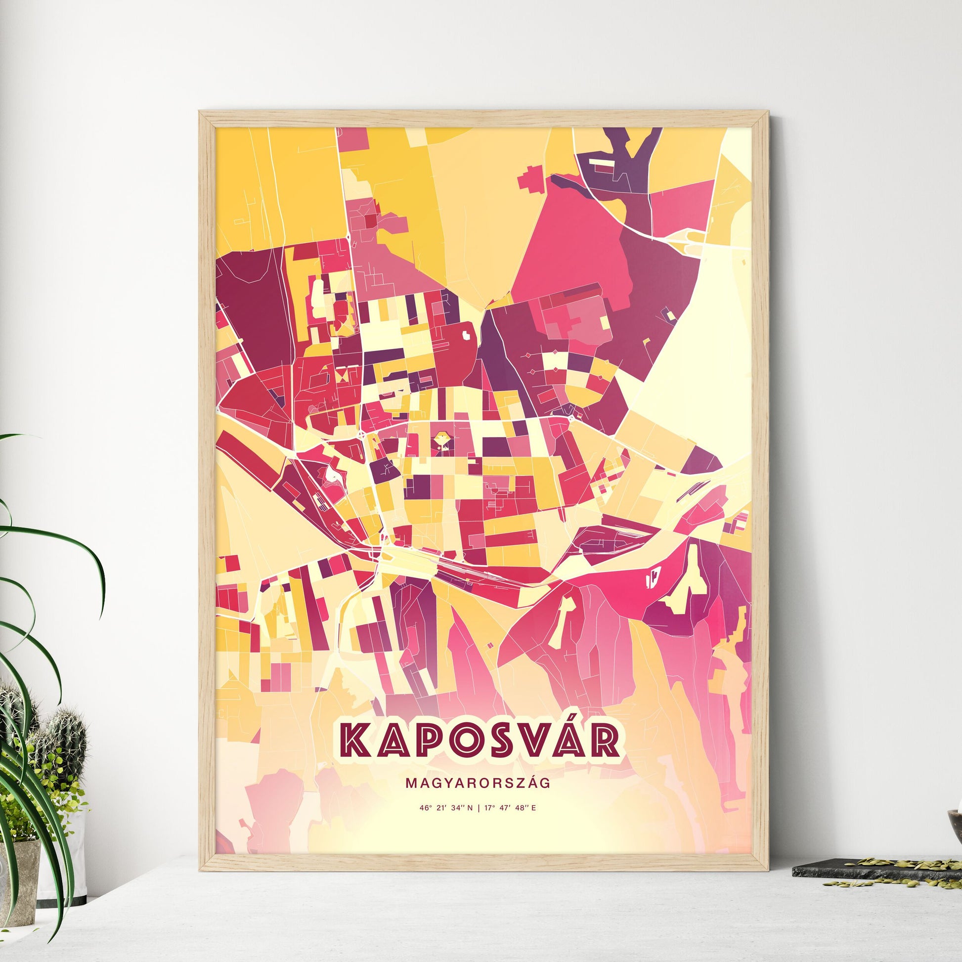 Colorful KAPOSVÁR HUNGARY Fine Art Map Hot Red