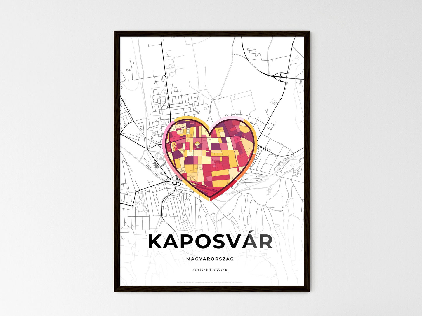 Kaposvár Hungary wedding art map with heart icon