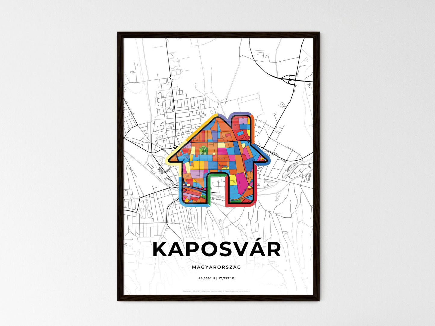 Kaposvár Hungary wedding art map with home icon