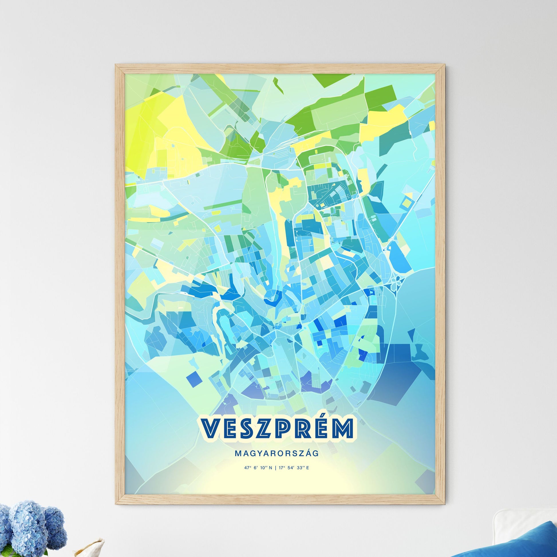 Colorful VESZPRÉM HUNGARY Fine Art Map Cool Blue