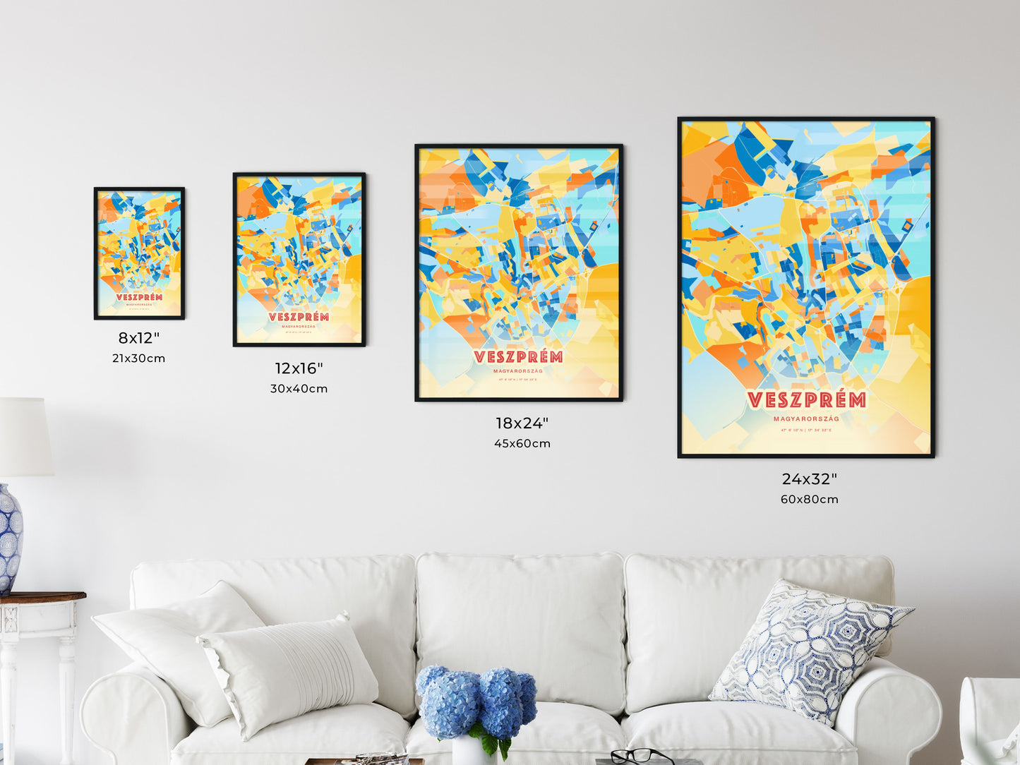 Colorful VESZPRÉM HUNGARY Fine Art Map Blue Orange