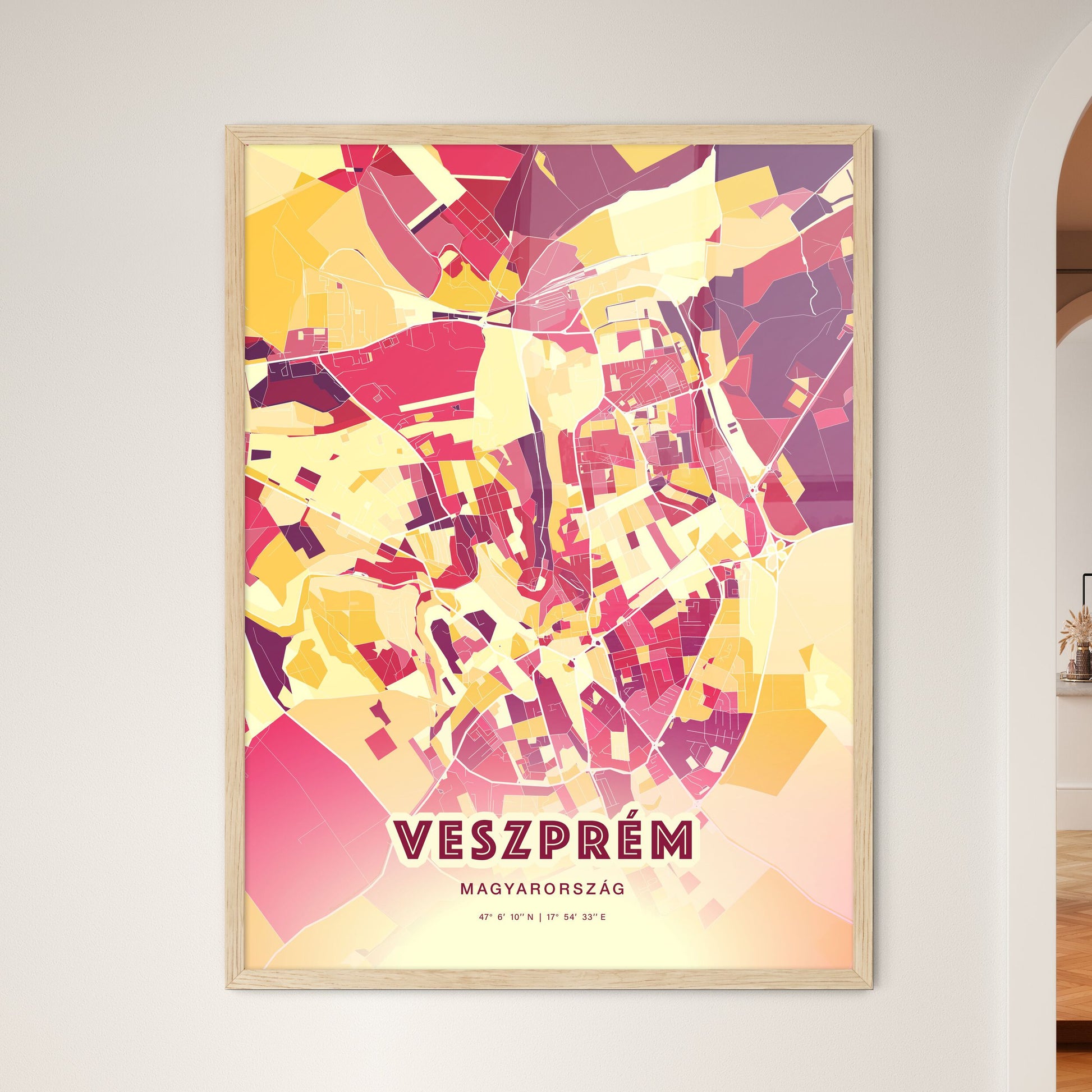 Colorful VESZPRÉM HUNGARY Fine Art Map Hot Red