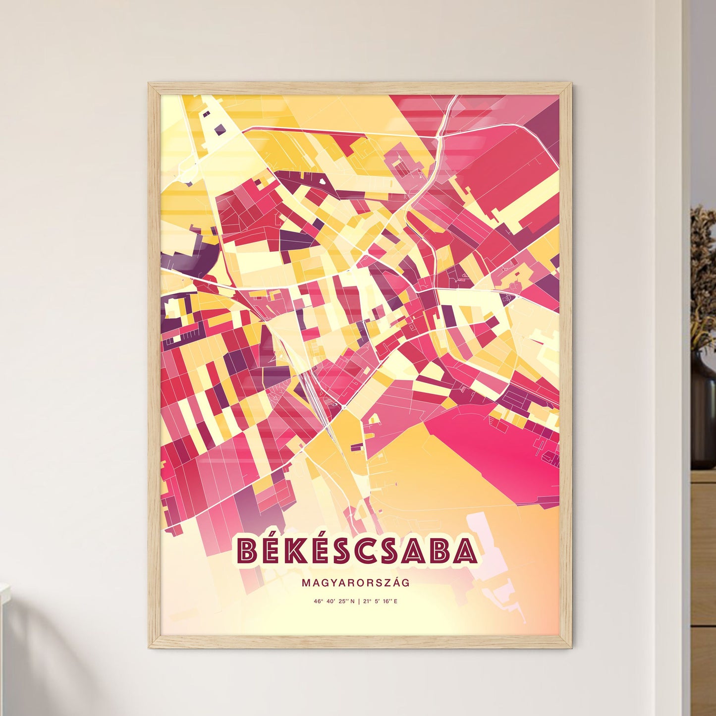 Colorful BÉKÉSCSABA HUNGARY Fine Art Map Hot Red