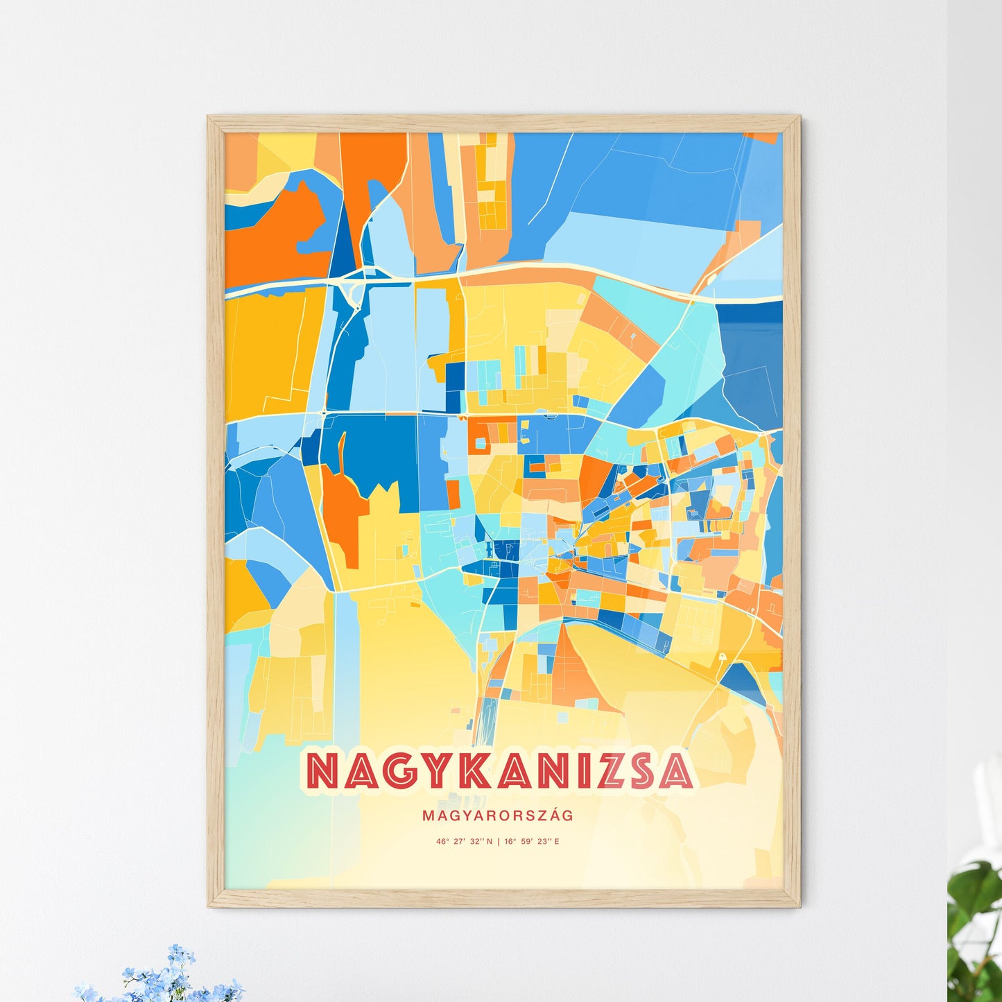 Colorful NAGYKANIZSA HUNGARY Fine Art Map Blue Orange