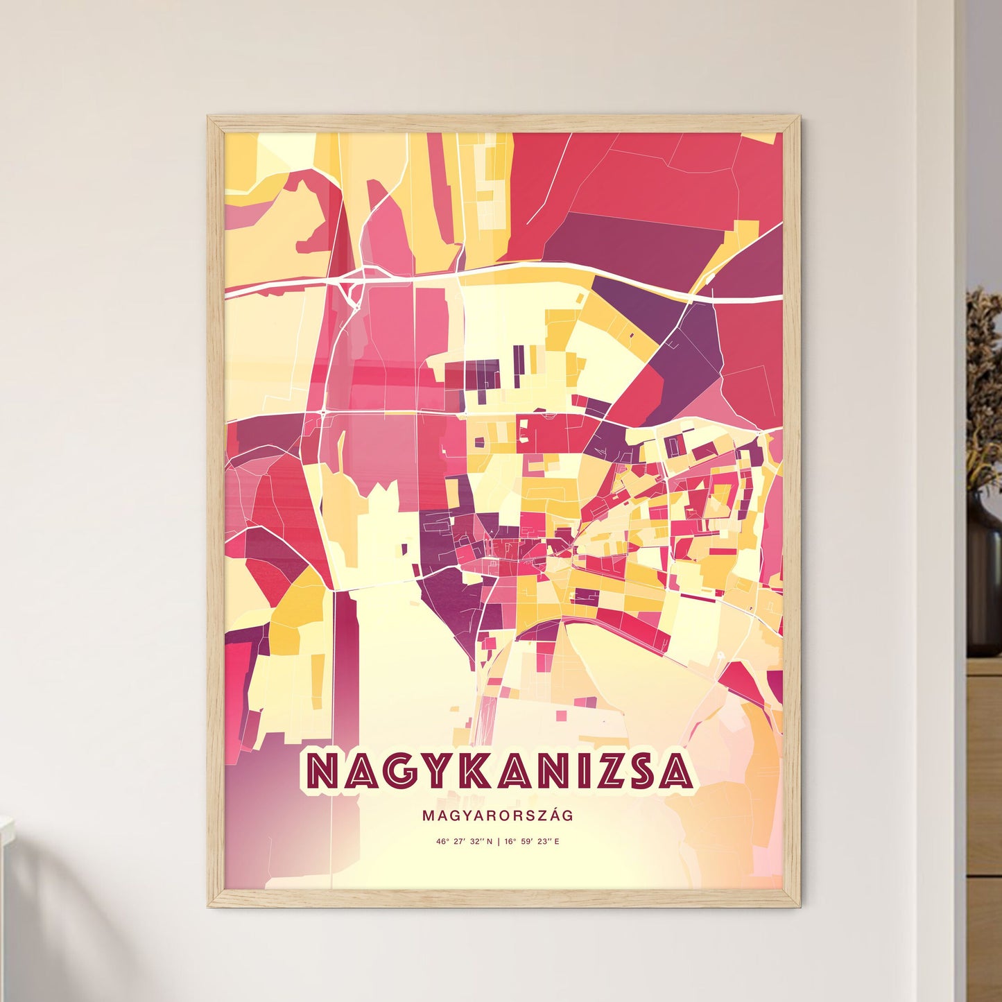 Colorful NAGYKANIZSA HUNGARY Fine Art Map Hot Red