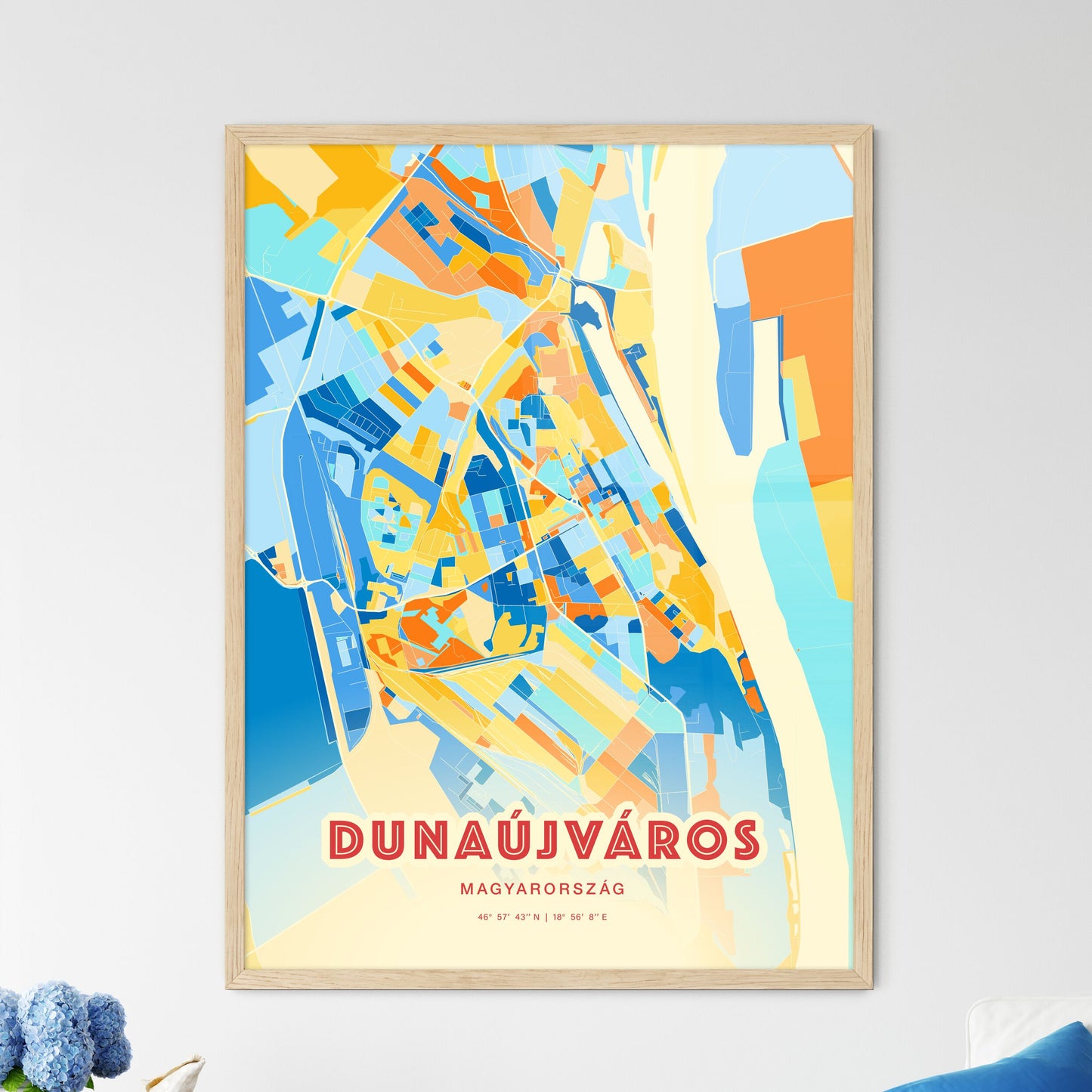 Colorful DUNAÚJVÁROS HUNGARY Fine Art Map Blue Orange