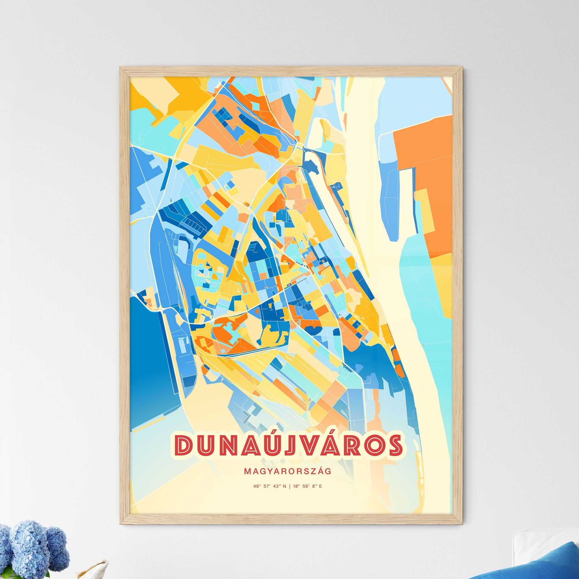 Colorful DUNAÚJVÁROS HUNGARY Fine Art Map Blue Orange