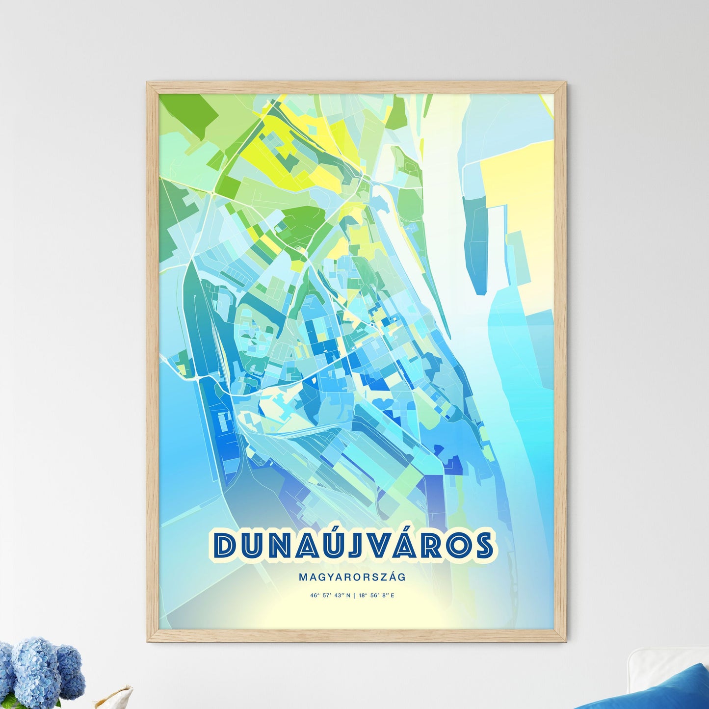 Colorful DUNAÚJVÁROS HUNGARY Fine Art Map Cool Blue