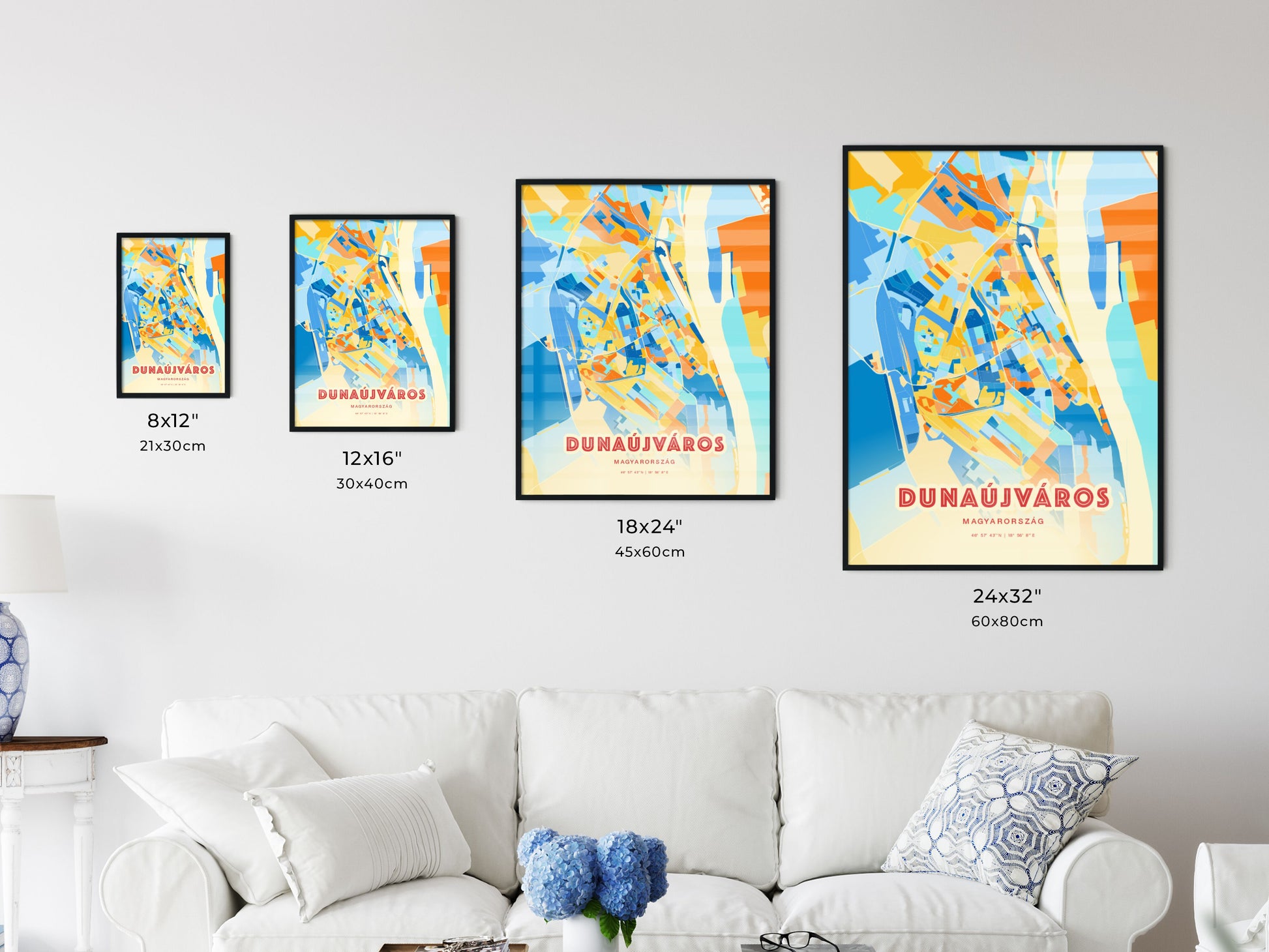 Colorful DUNAÚJVÁROS HUNGARY Fine Art Map Blue Orange