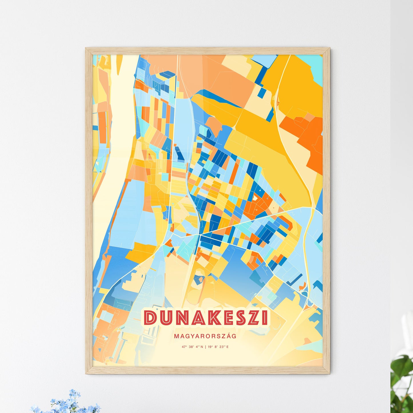 Colorful DUNAKESZI HUNGARY Fine Art Map Blue Orange