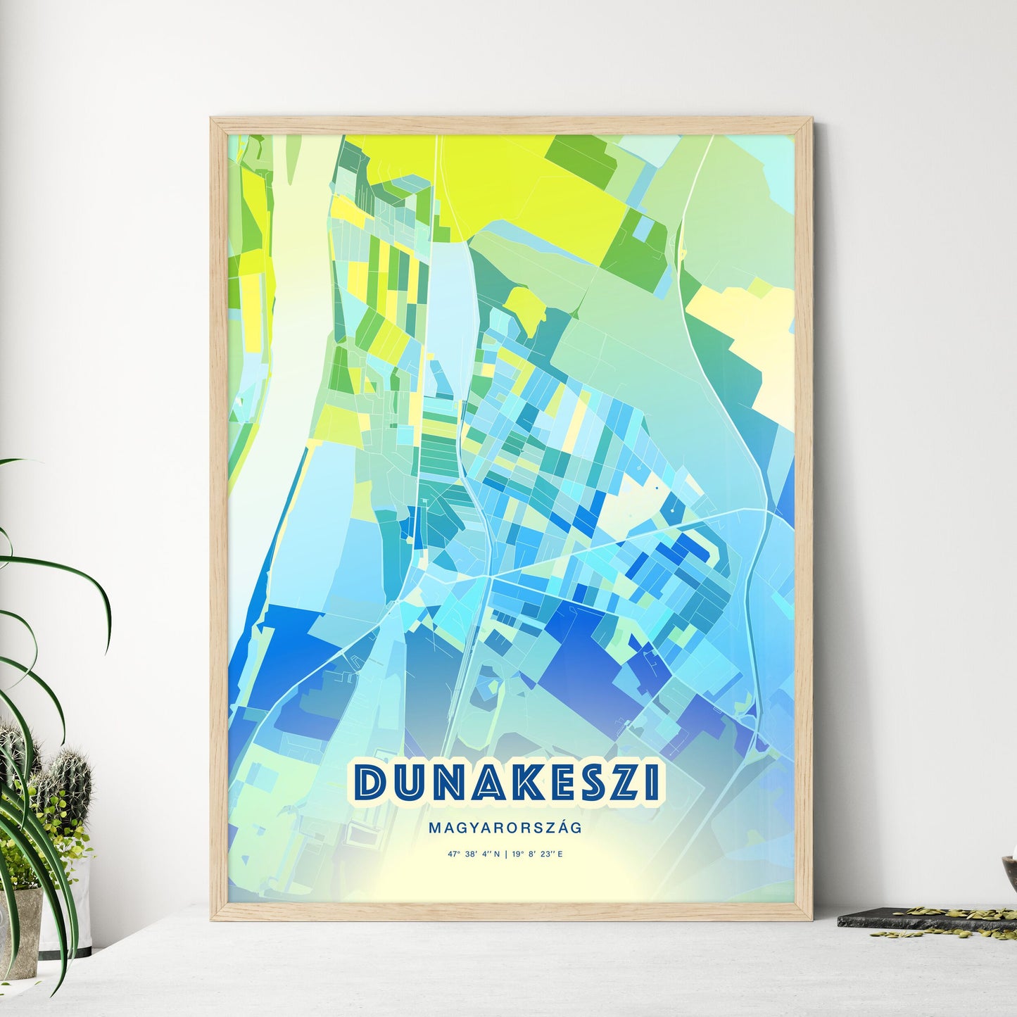 Colorful DUNAKESZI HUNGARY Fine Art Map Cool Blue