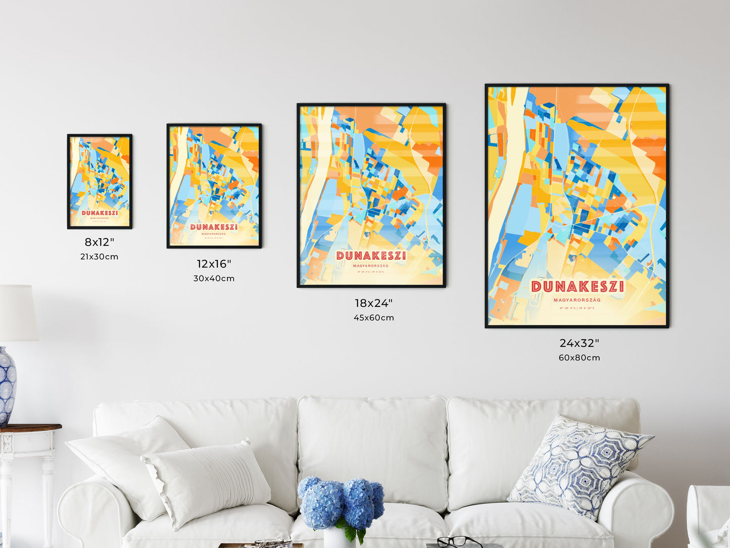 Colorful DUNAKESZI HUNGARY Fine Art Map Blue Orange