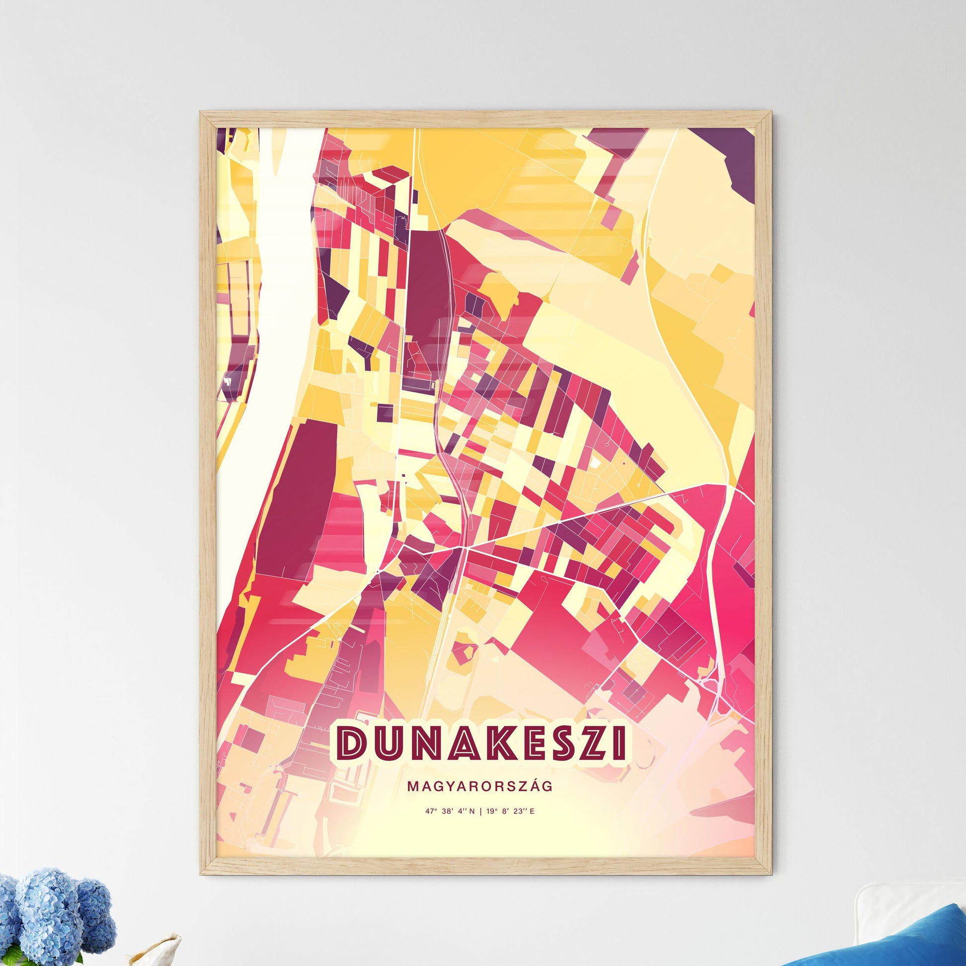 Colorful DUNAKESZI HUNGARY Fine Art Map Hot Red