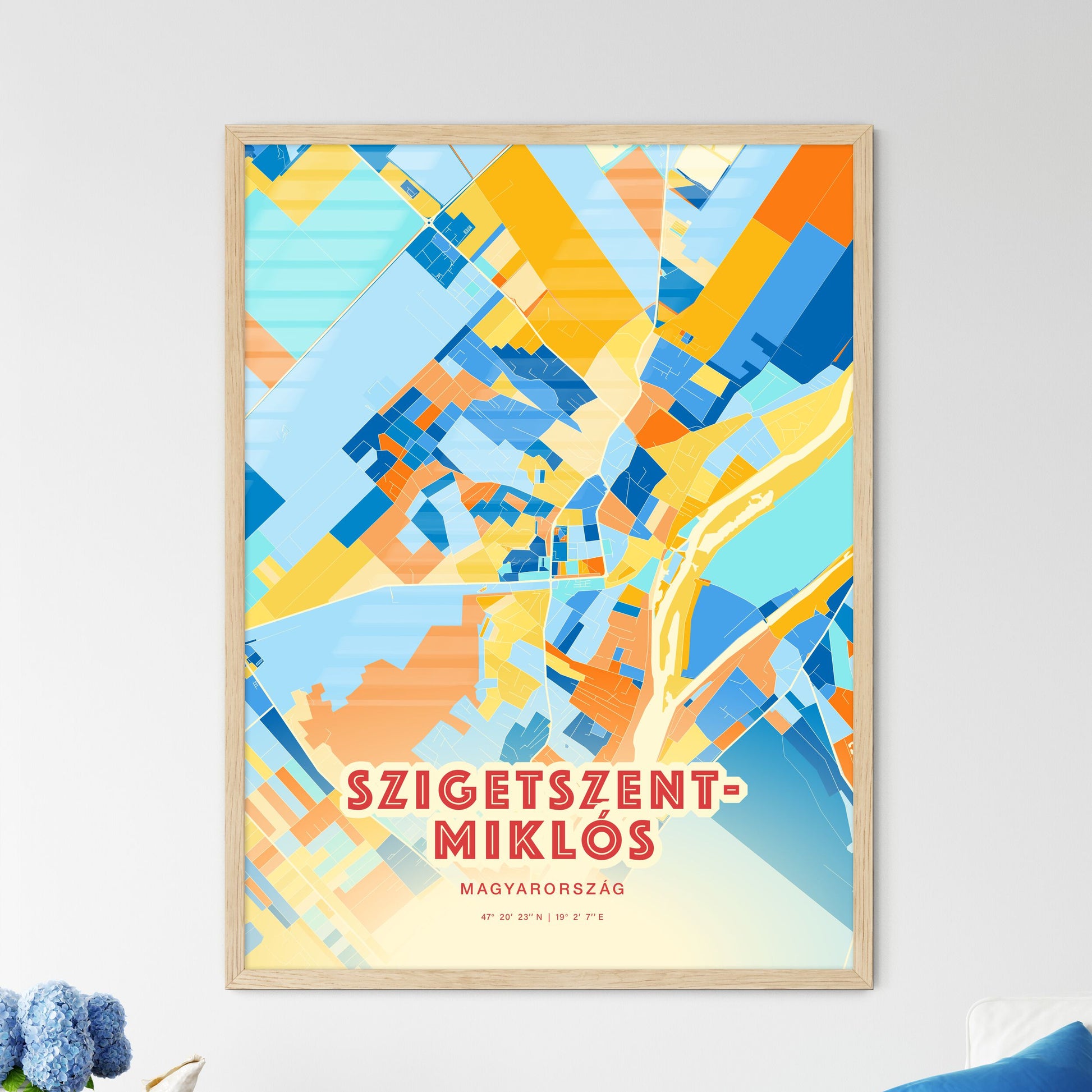 Colorful SZIGETSZENTMIKLÓS HUNGARY Fine Art Map Blue Orange