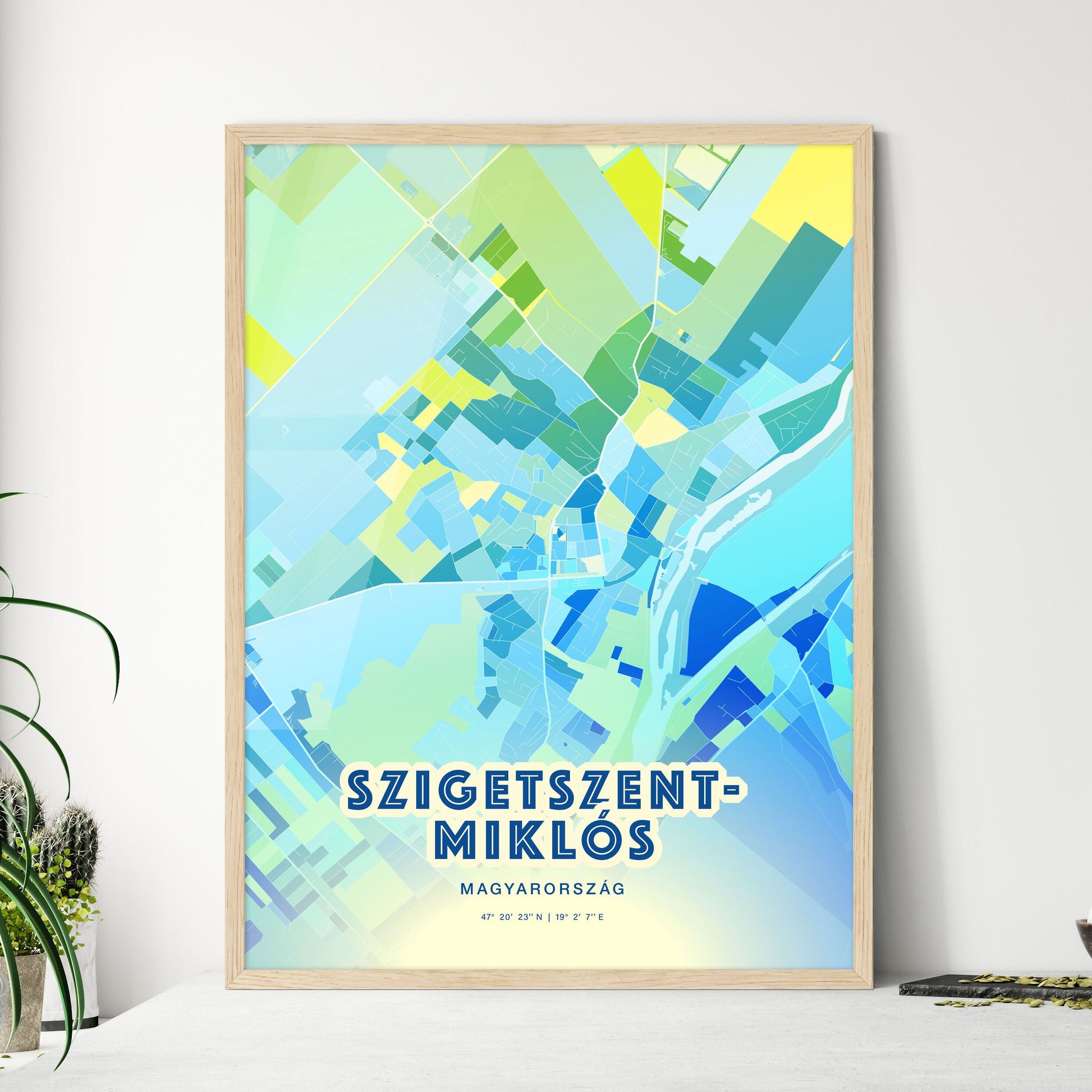 Colorful SZIGETSZENTMIKLÓS HUNGARY Fine Art Map Cool Blue