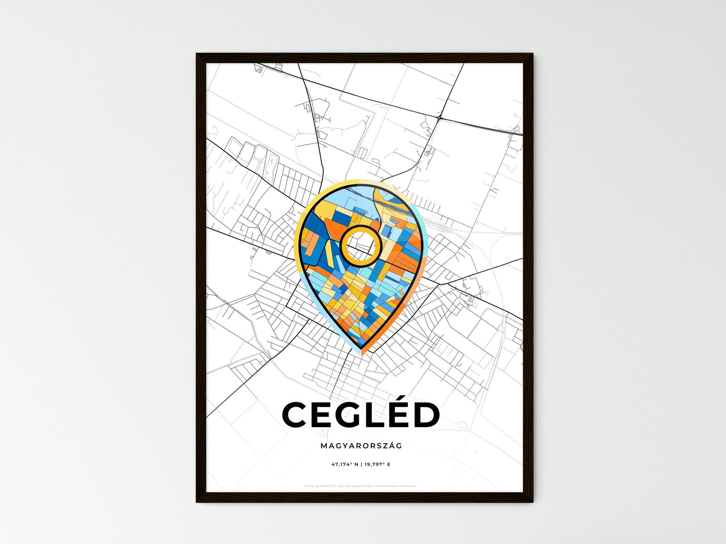 Cegléd Hungary wedding art map with pointer icon