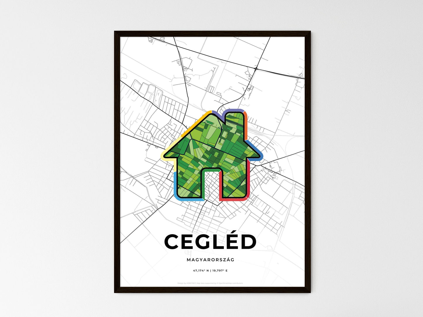 Cegléd Hungary wedding art map with home icon