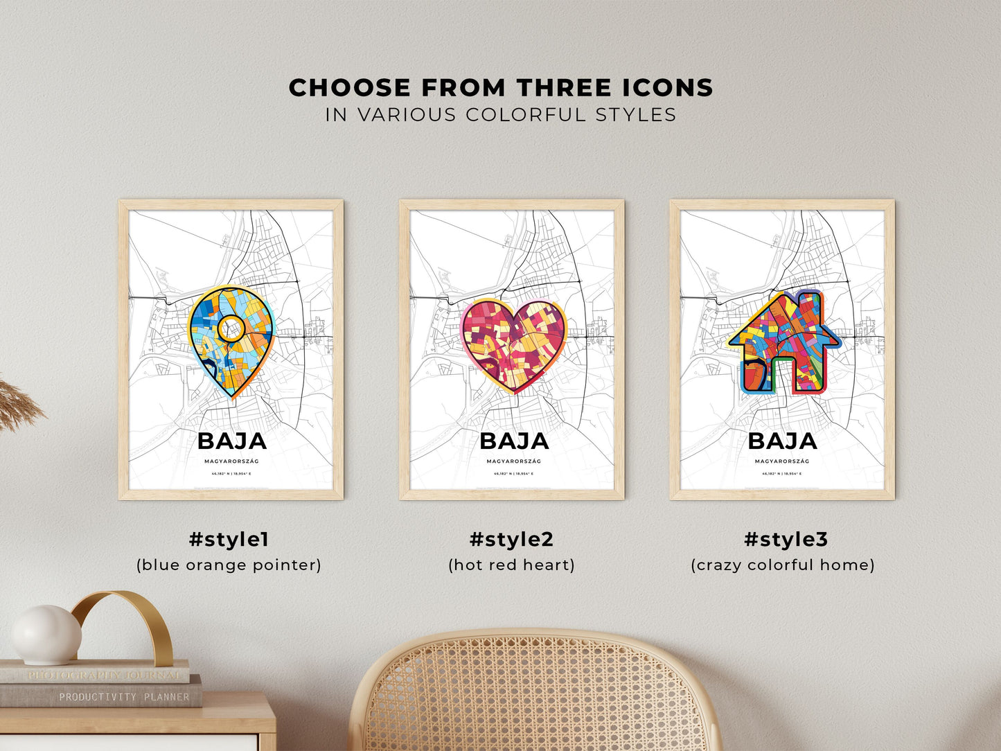Baja Hungary maps with colorful icons