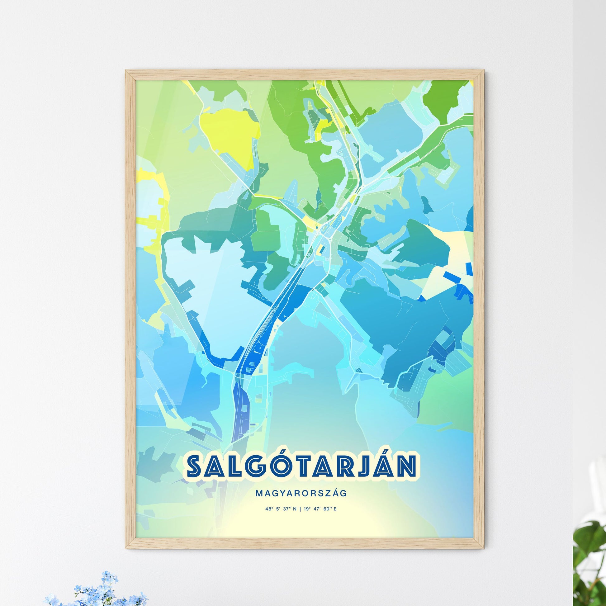 Colorful SALGÓTARJÁN HUNGARY Fine Art Map Cool Blue