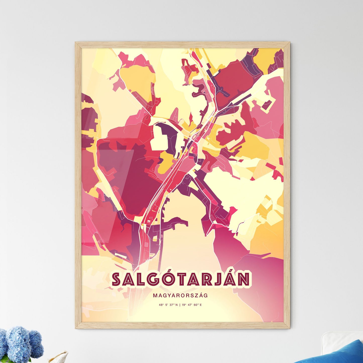 Colorful SALGÓTARJÁN HUNGARY Fine Art Map Hot Red