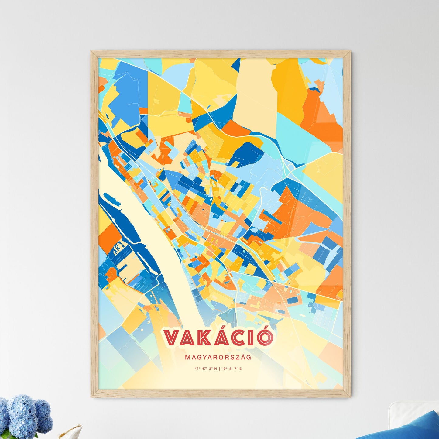 Colorful VÁC HUNGARY Fine Art Map Blue Orange