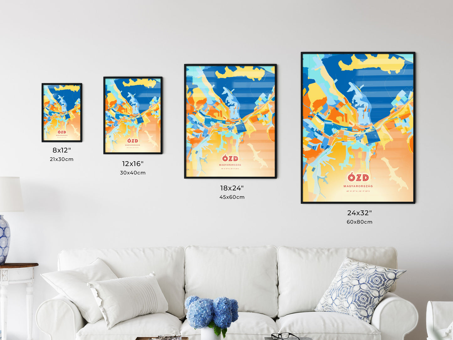 Colorful ÓZD HUNGARY Fine Art Map Blue Orange