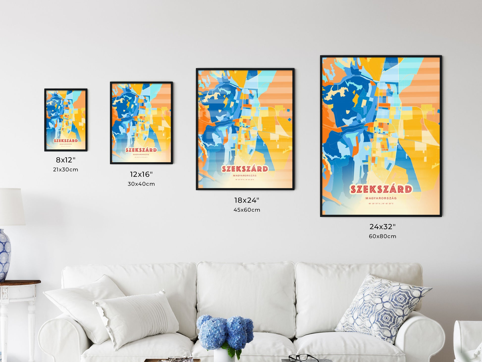 Colorful SZEKSZÁRD HUNGARY Fine Art Map Blue Orange