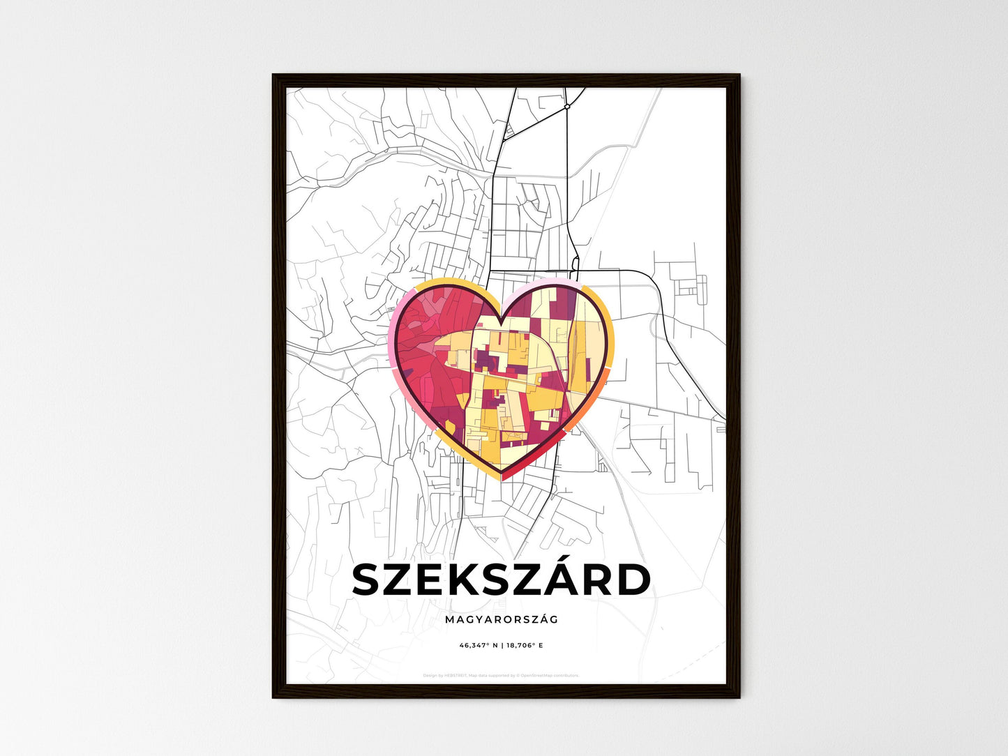 Szekszárd Hungary wedding art map with heart icon