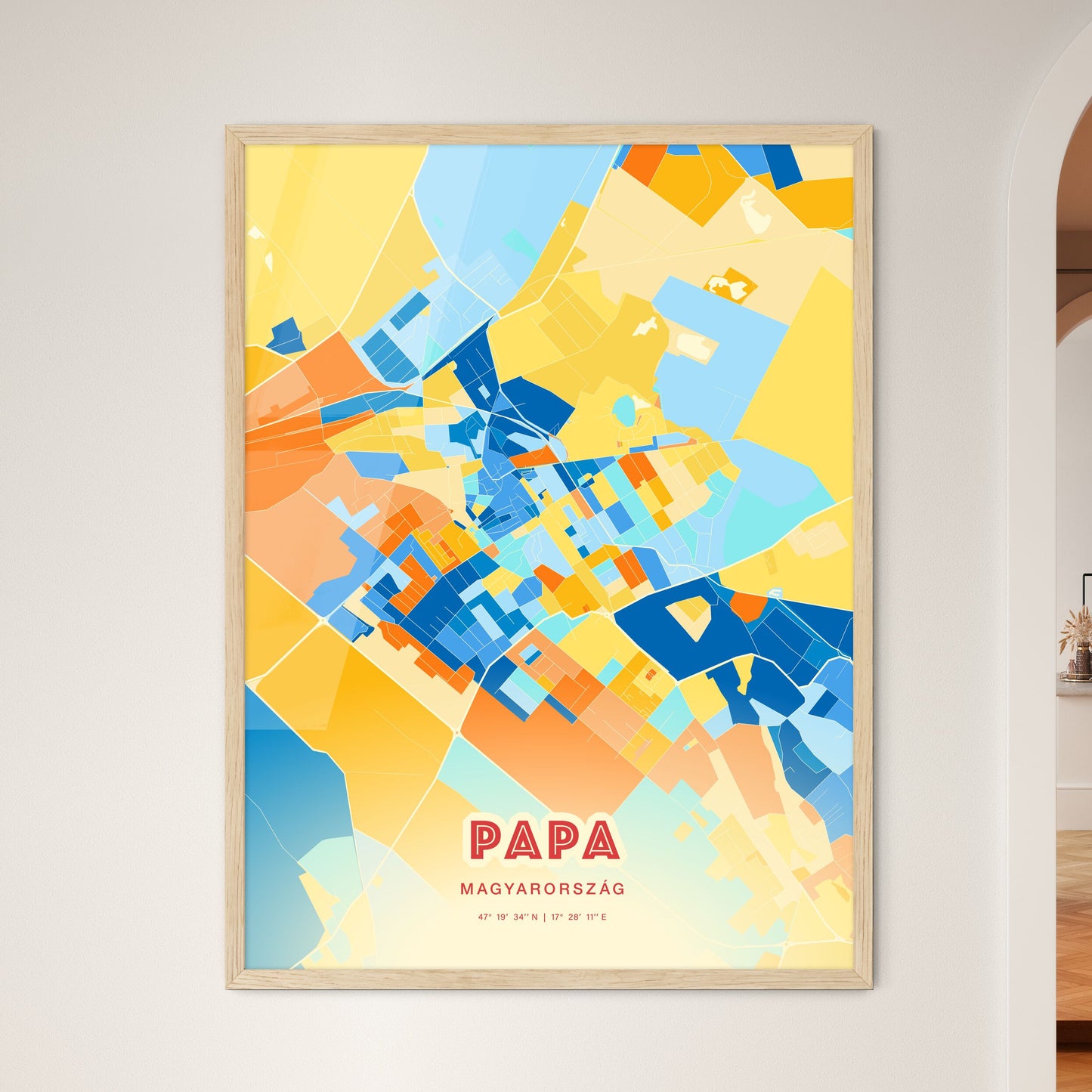 Colorful PÁPA HUNGARY Fine Art Map Blue Orange