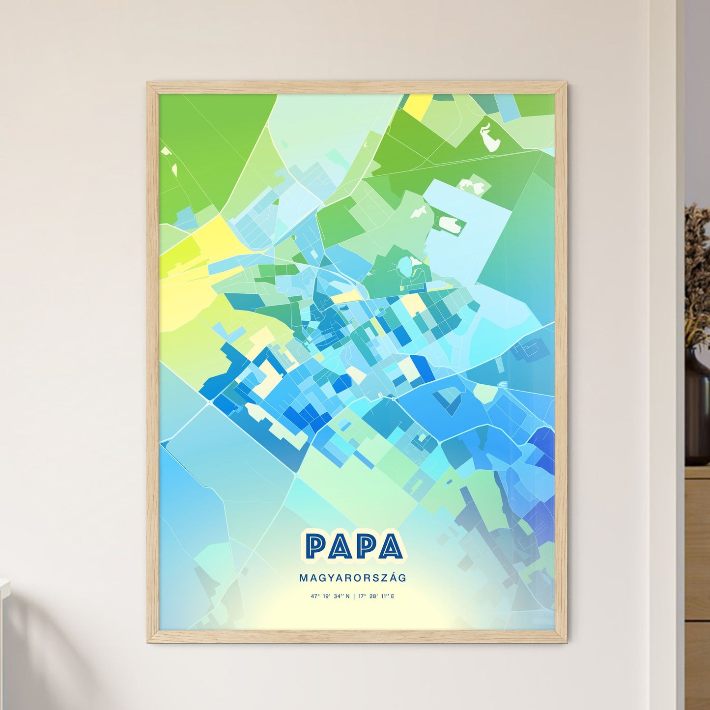 Colorful PÁPA HUNGARY Fine Art Map Cool Blue