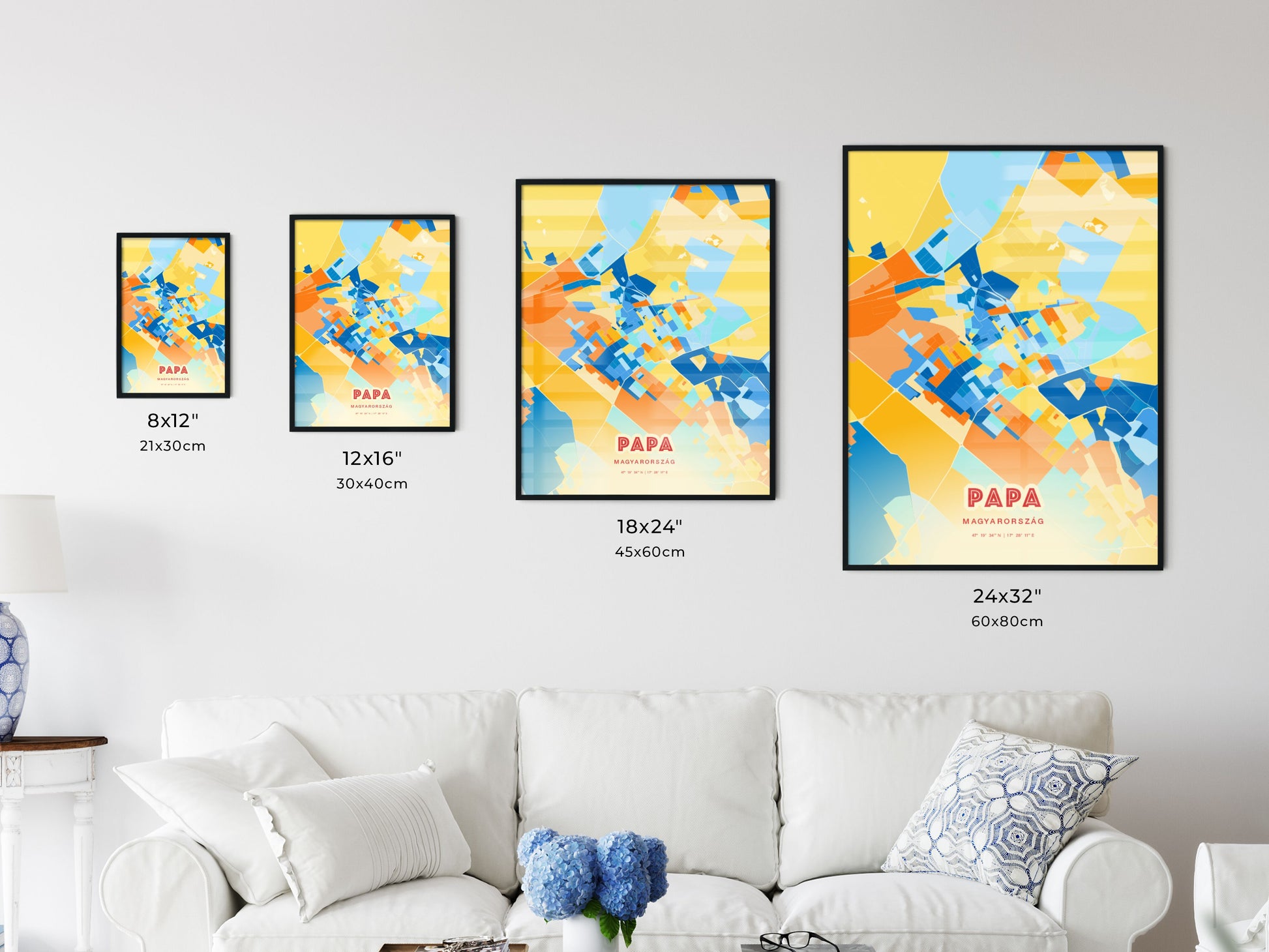 Colorful PÁPA HUNGARY Fine Art Map Blue Orange