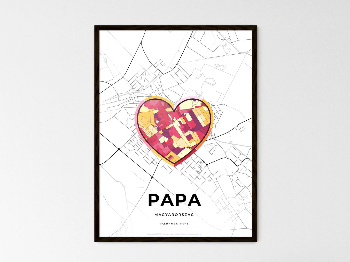 Pápa Hungary wedding art map with heart icon