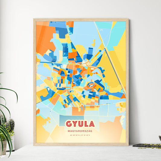 Colorful GYULA HUNGARY Fine Art Map Blue Orange