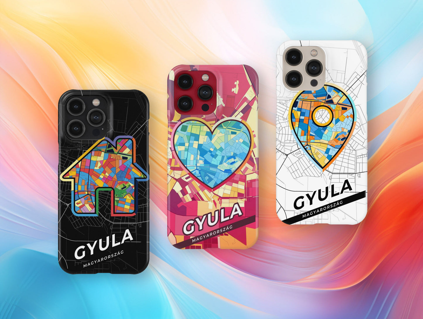 Gyula Hungary slim phone case with colorful icon. Birthday, wedding or housewarming gift. Couple match cases.