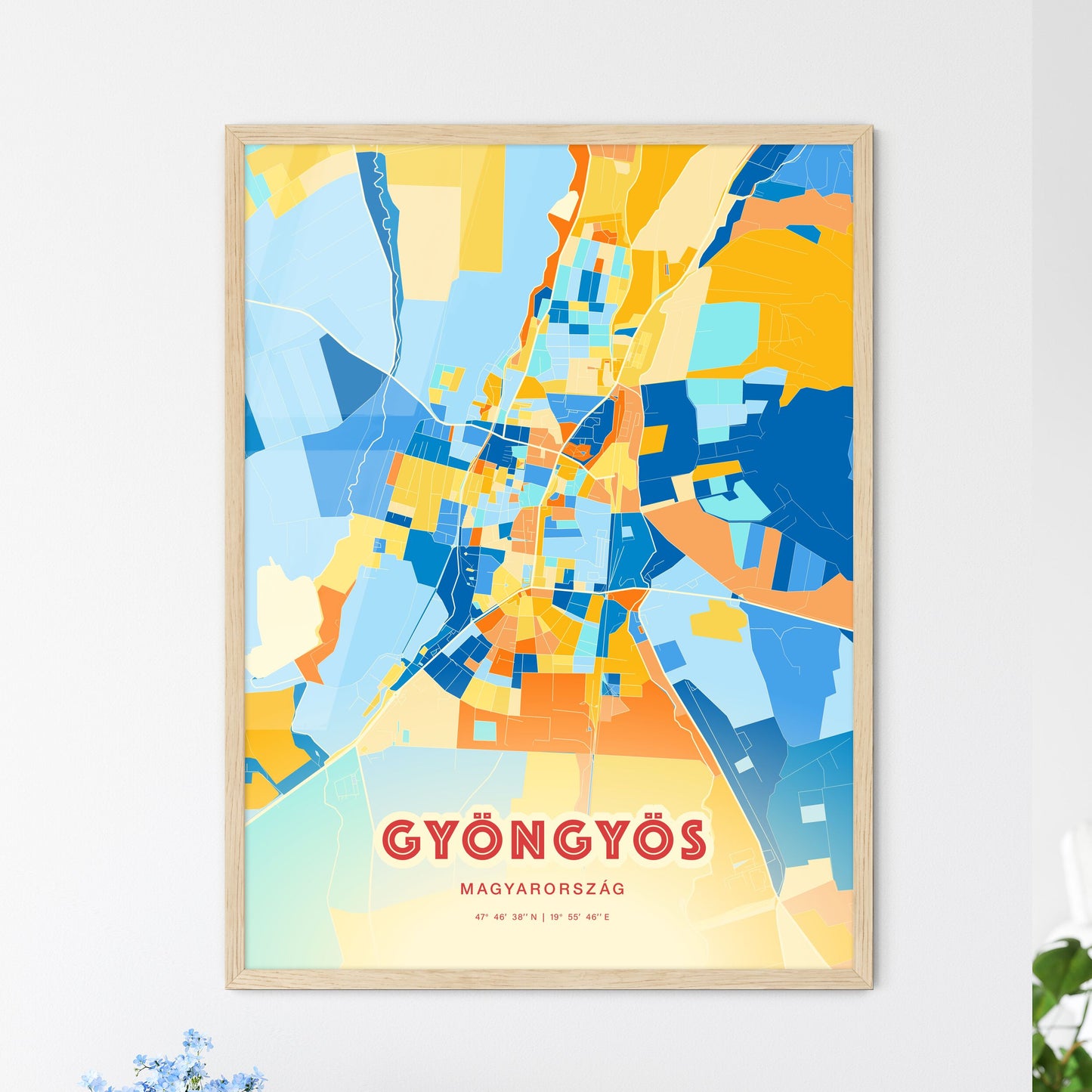 Colorful GYÖNGYÖS HUNGARY Fine Art Map Blue Orange