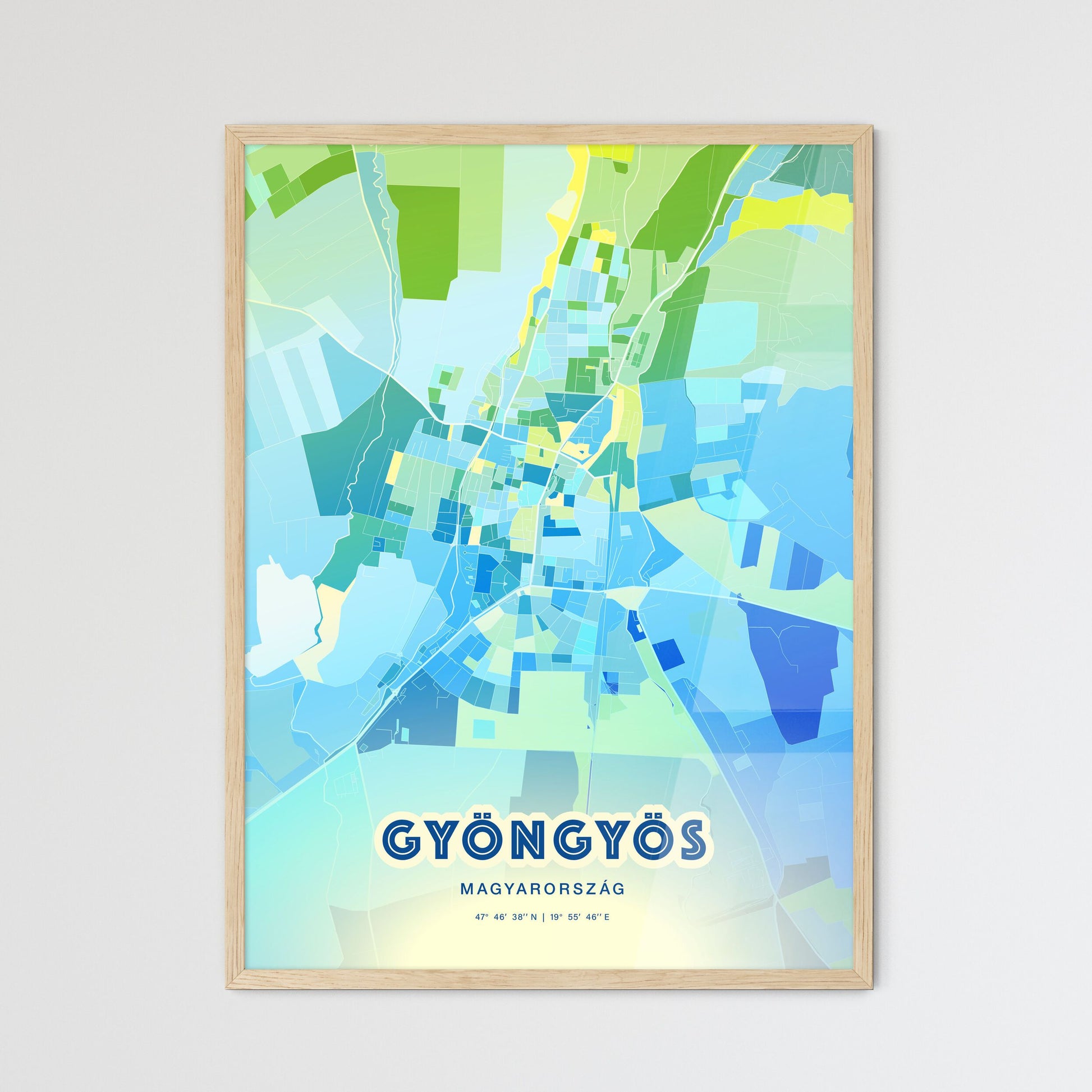 Colorful GYÖNGYÖS HUNGARY Fine Art Map Cool Blue