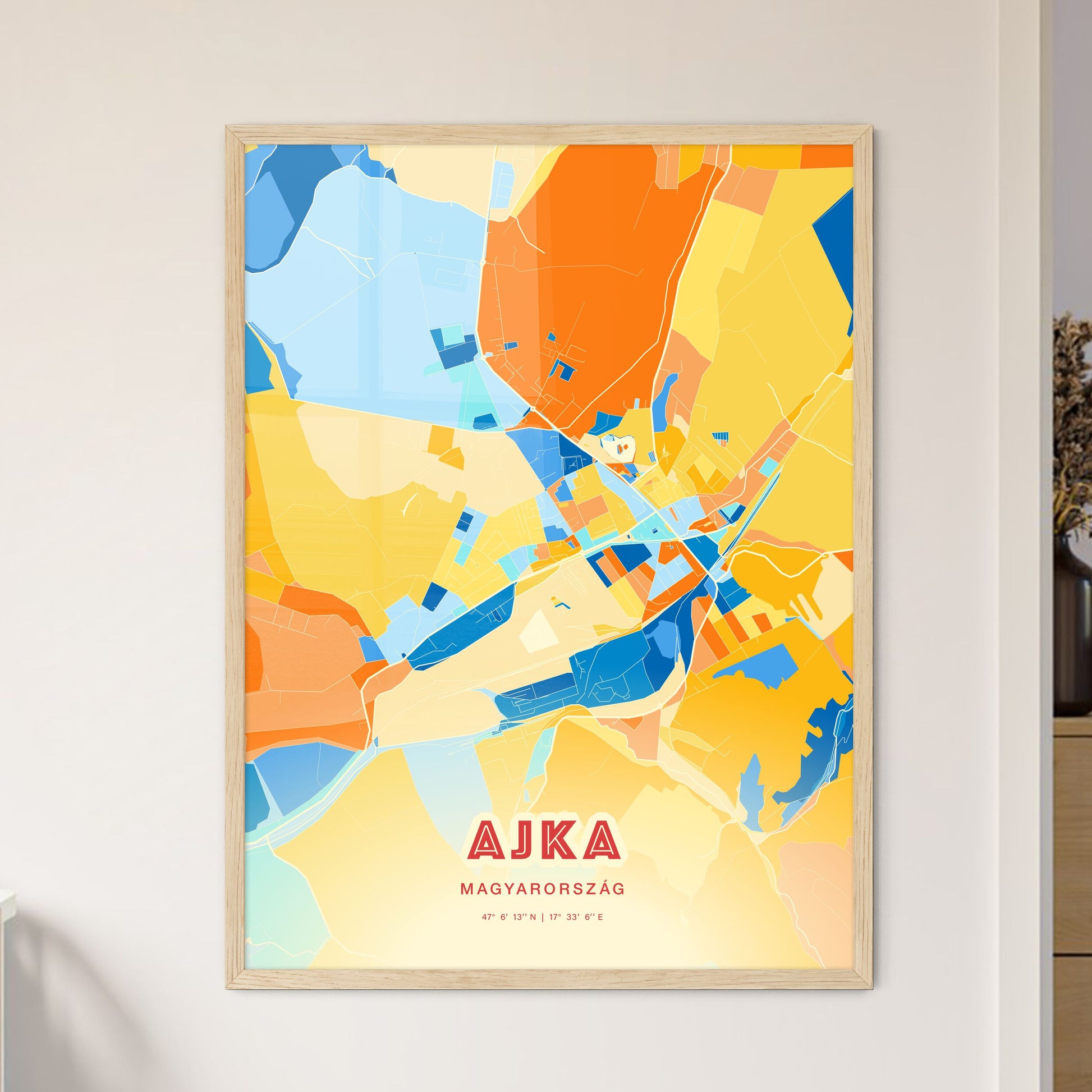 Colorful AJKA HUNGARY Fine Art Map Blue Orange