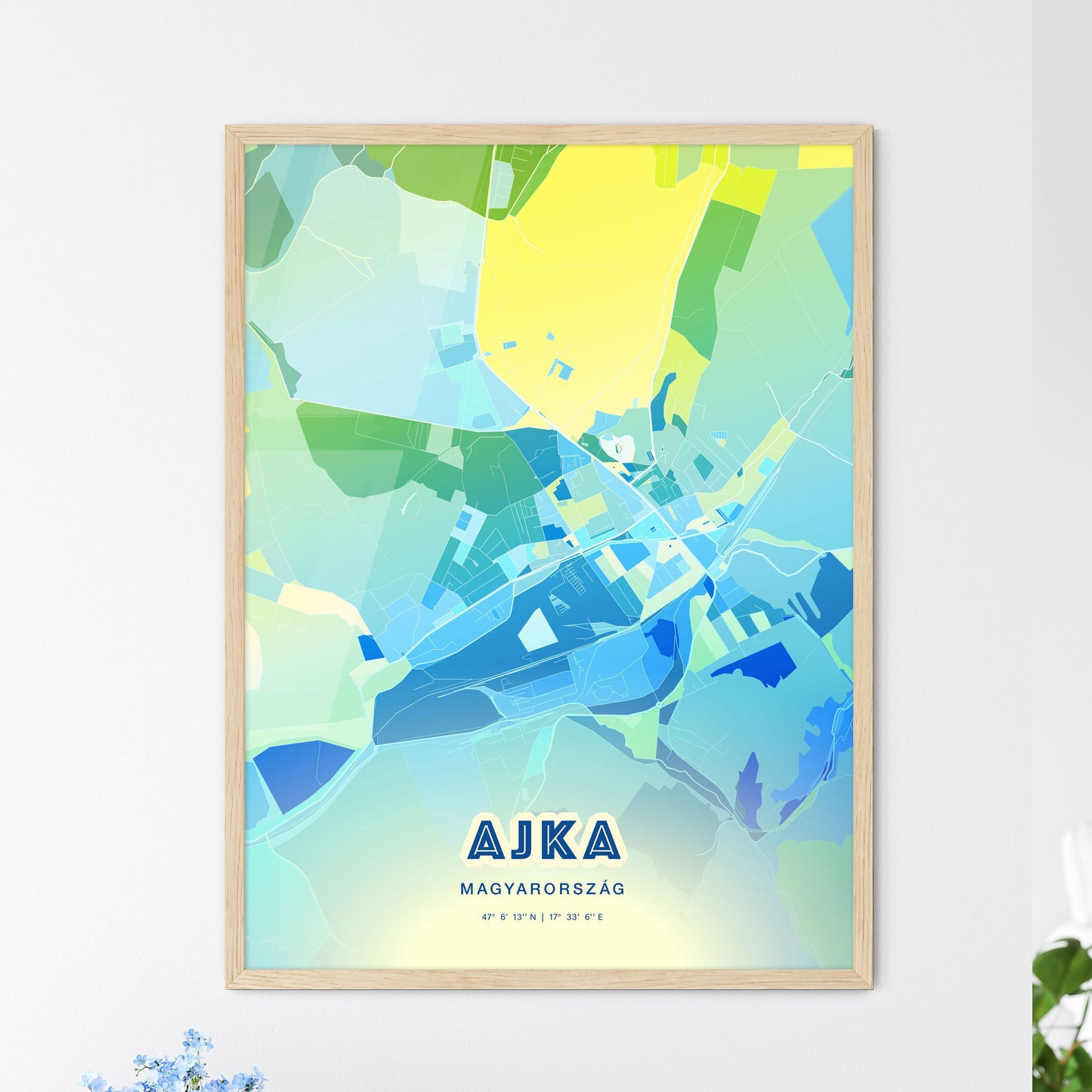 Colorful AJKA HUNGARY Fine Art Map Cool Blue