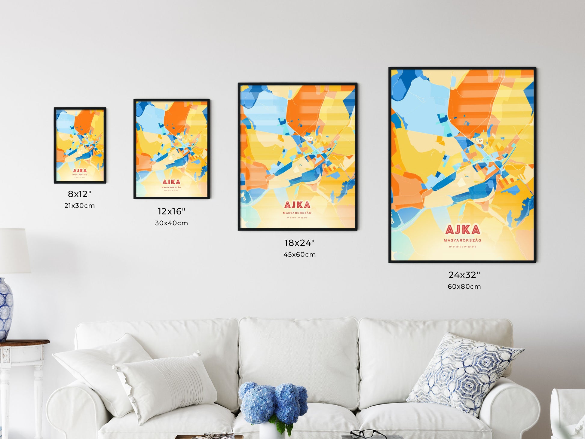 Colorful AJKA HUNGARY Fine Art Map Blue Orange