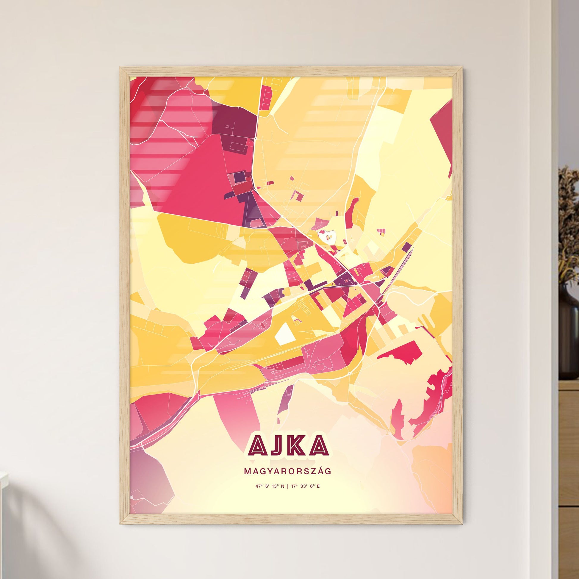 Colorful AJKA HUNGARY Fine Art Map Hot Red