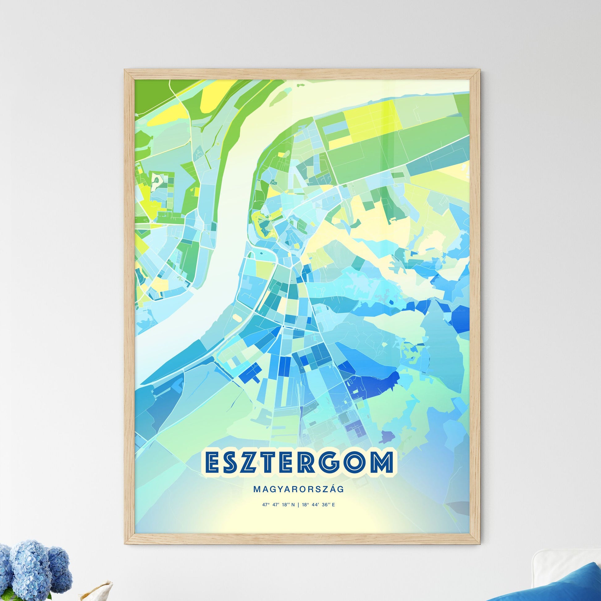 Colorful ESZTERGOM HUNGARY Fine Art Map Cool Blue