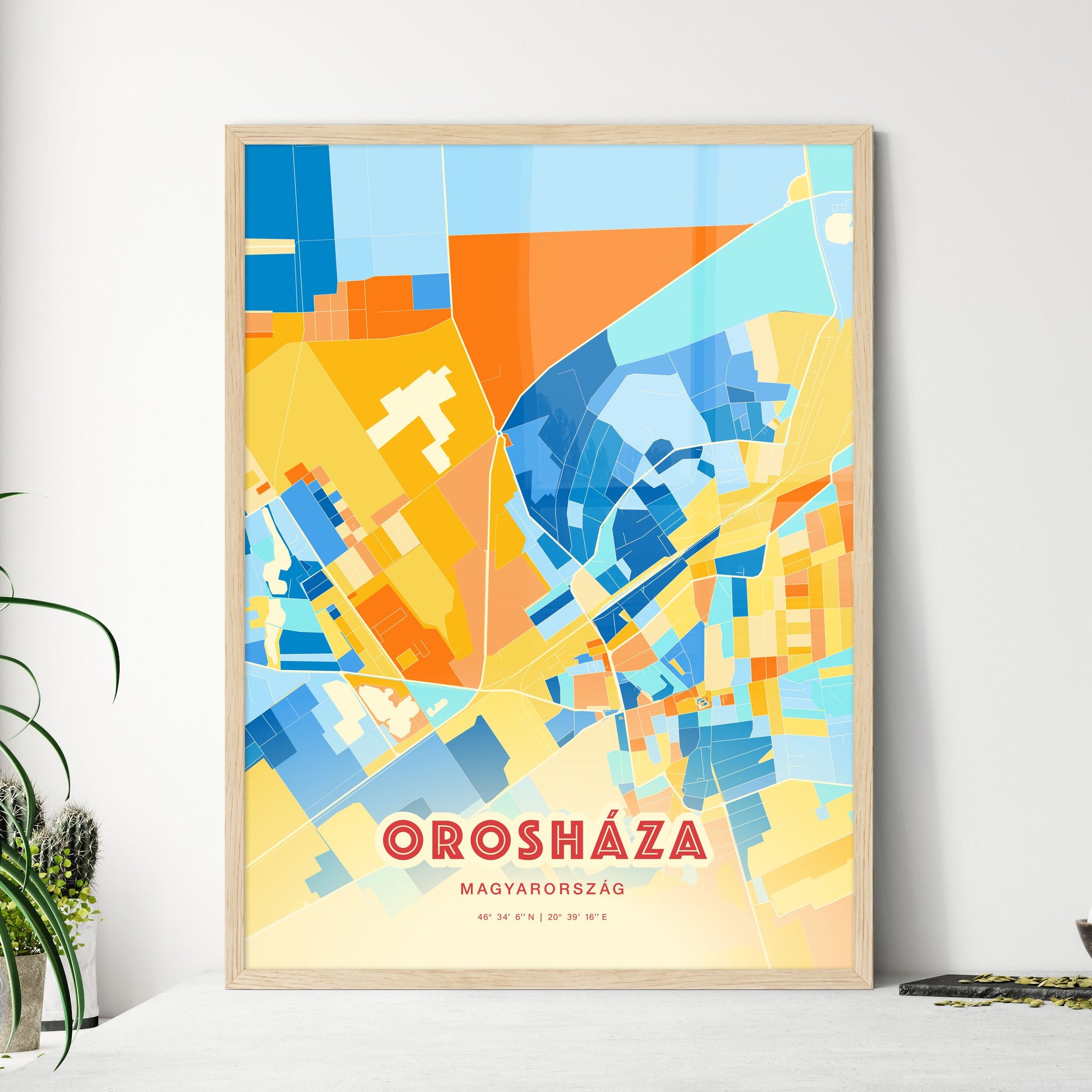 Colorful OROSHÁZA HUNGARY Fine Art Map Blue Orange