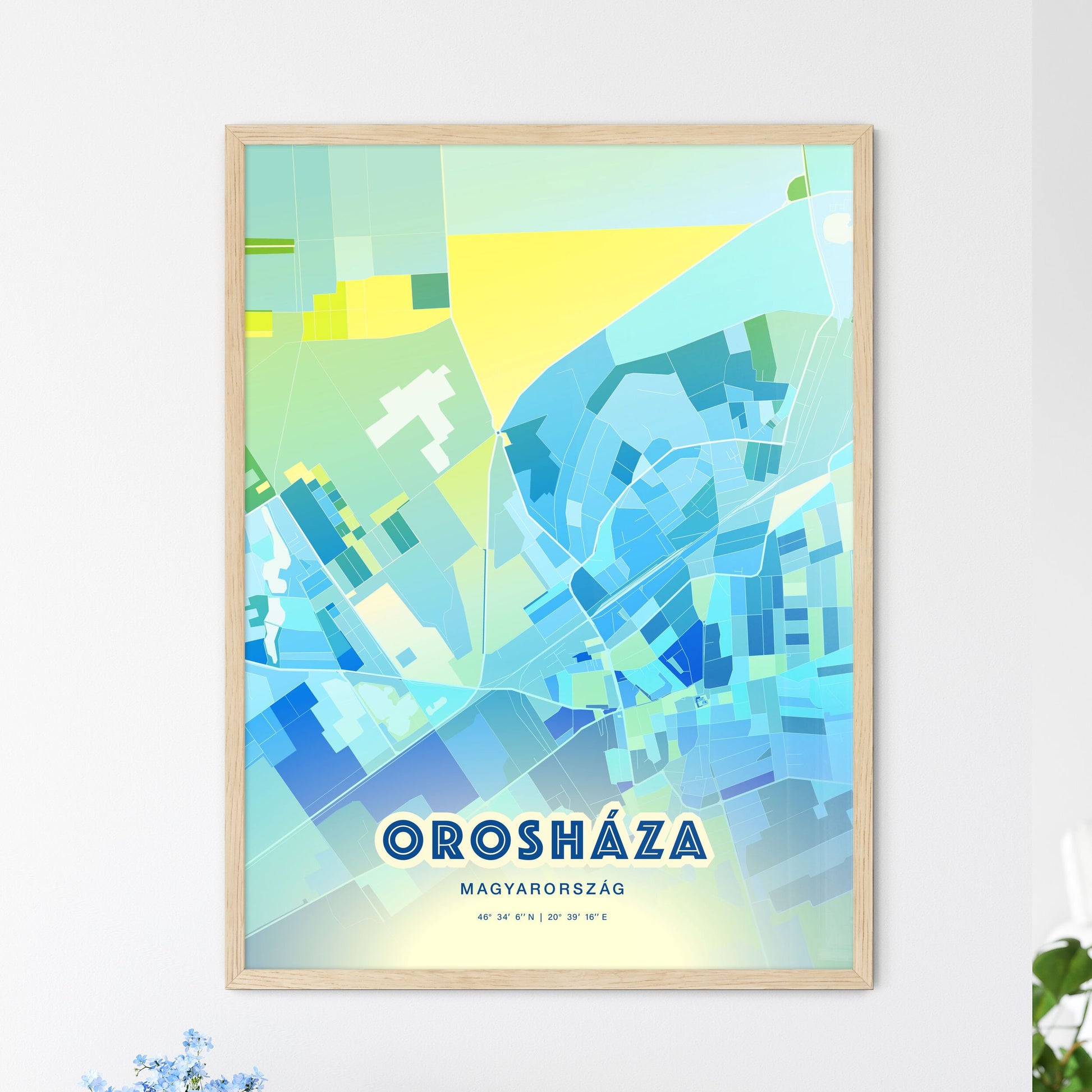 Colorful OROSHÁZA HUNGARY Fine Art Map Cool Blue